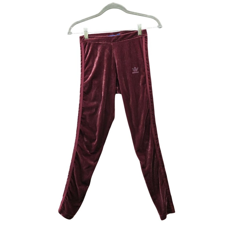 Adidas Originals Velvet Leggings Womens XS Burgundy Mid Rise Trefoil Side Stripe